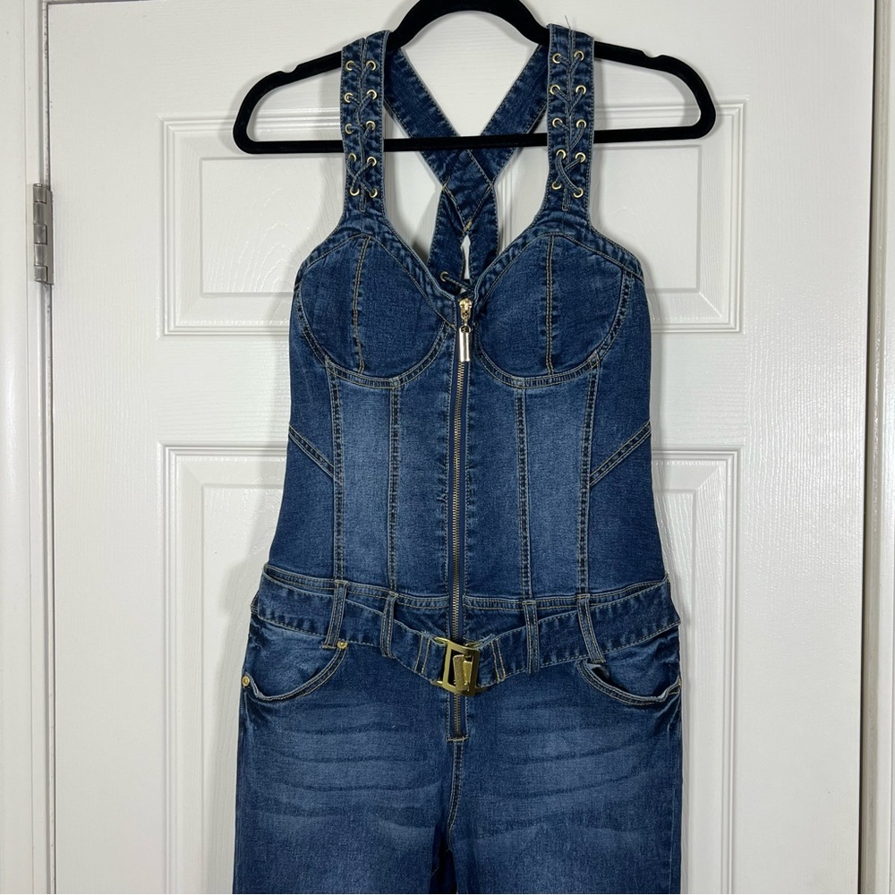 Baby Phat Y2K Lace Up Back Vintage Denim Bustier Jumper Jumpsuit RARE Size 9